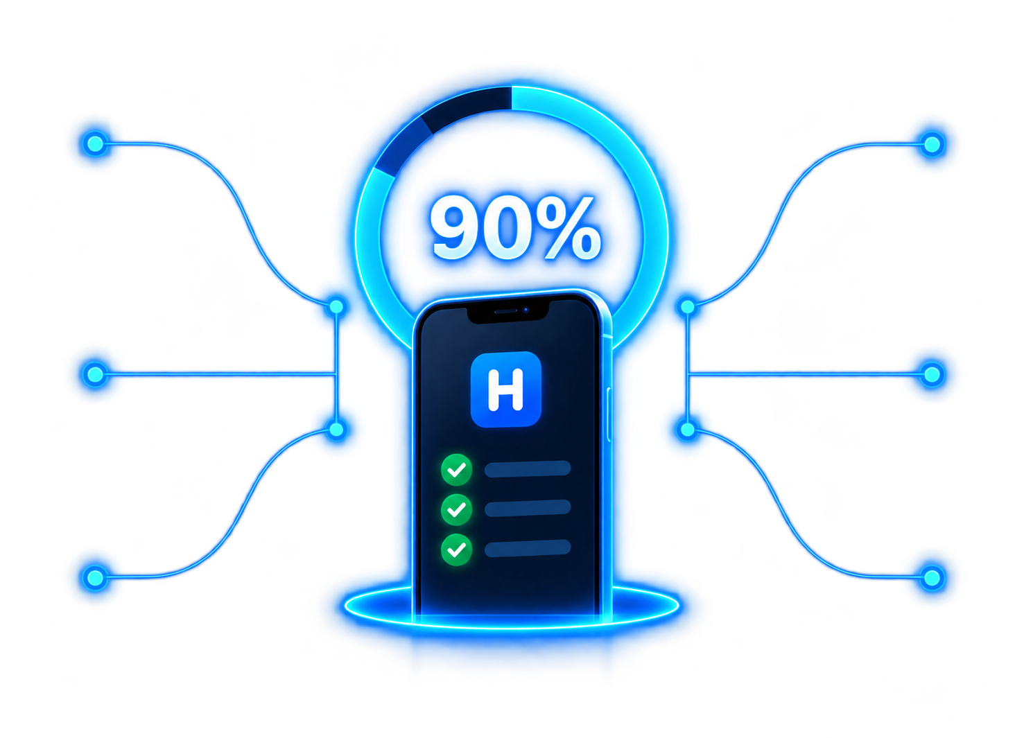 Телефон с кольцом «90%» и расходящимися линиями связи